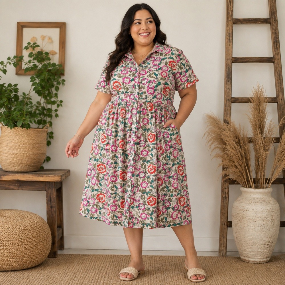 Marketplace Handwork India 2W Floral Embroidered Cotton Linen Dress NWT